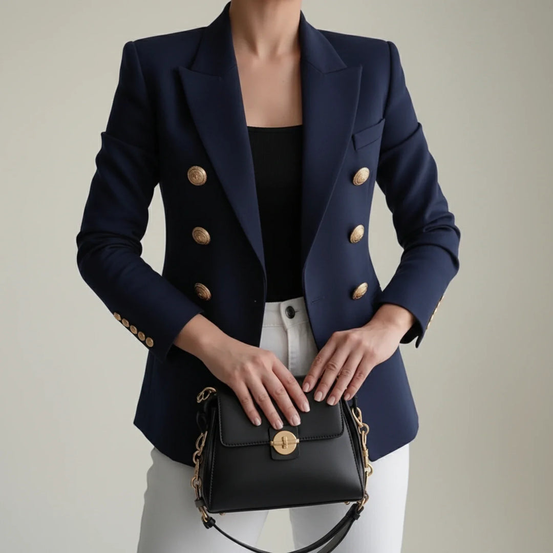 Versatile women's double-breasted blazer, a chic tailored fashion jacket with elegant gold buttons for any occasion.