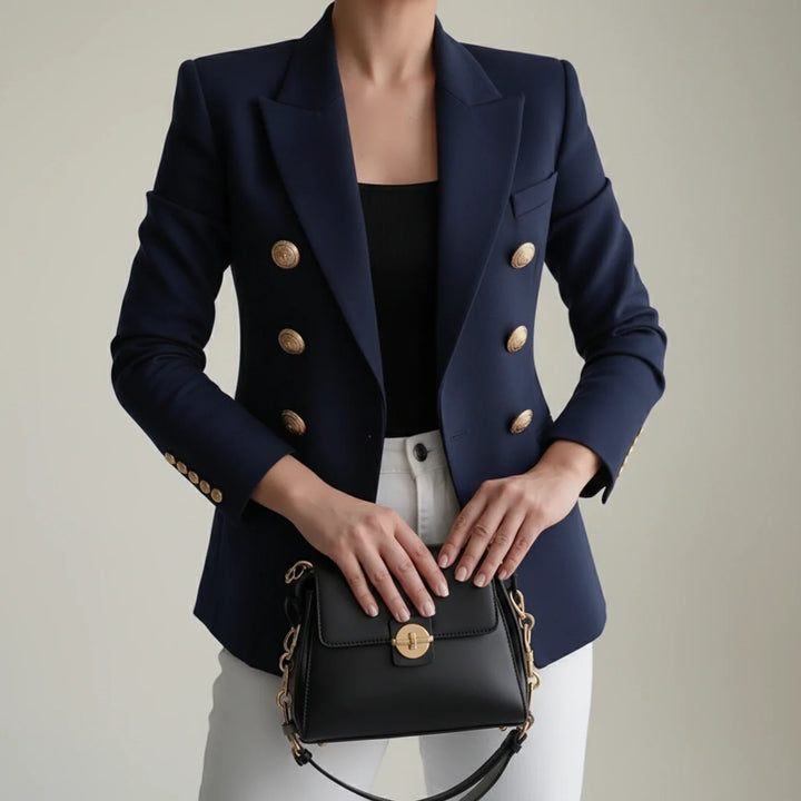 Versatile women's double-breasted blazer, a chic tailored fashion jacket with elegant gold buttons for any occasion.