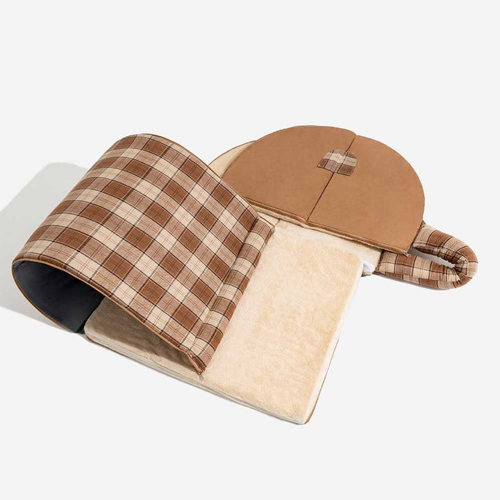 Orthopedic plaid dog bed designed as a cozy house for pets. Available in brown, red, black for all sizes.