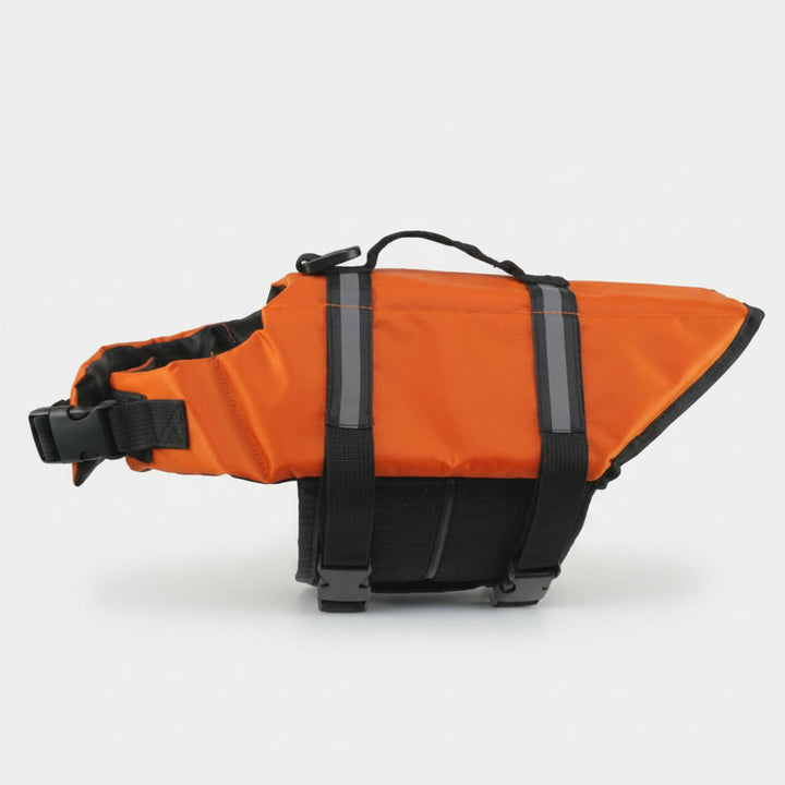 Adjustable dog life jacket with a strong rescue handle, ensuring canine water safety & support. Great for all breeds.