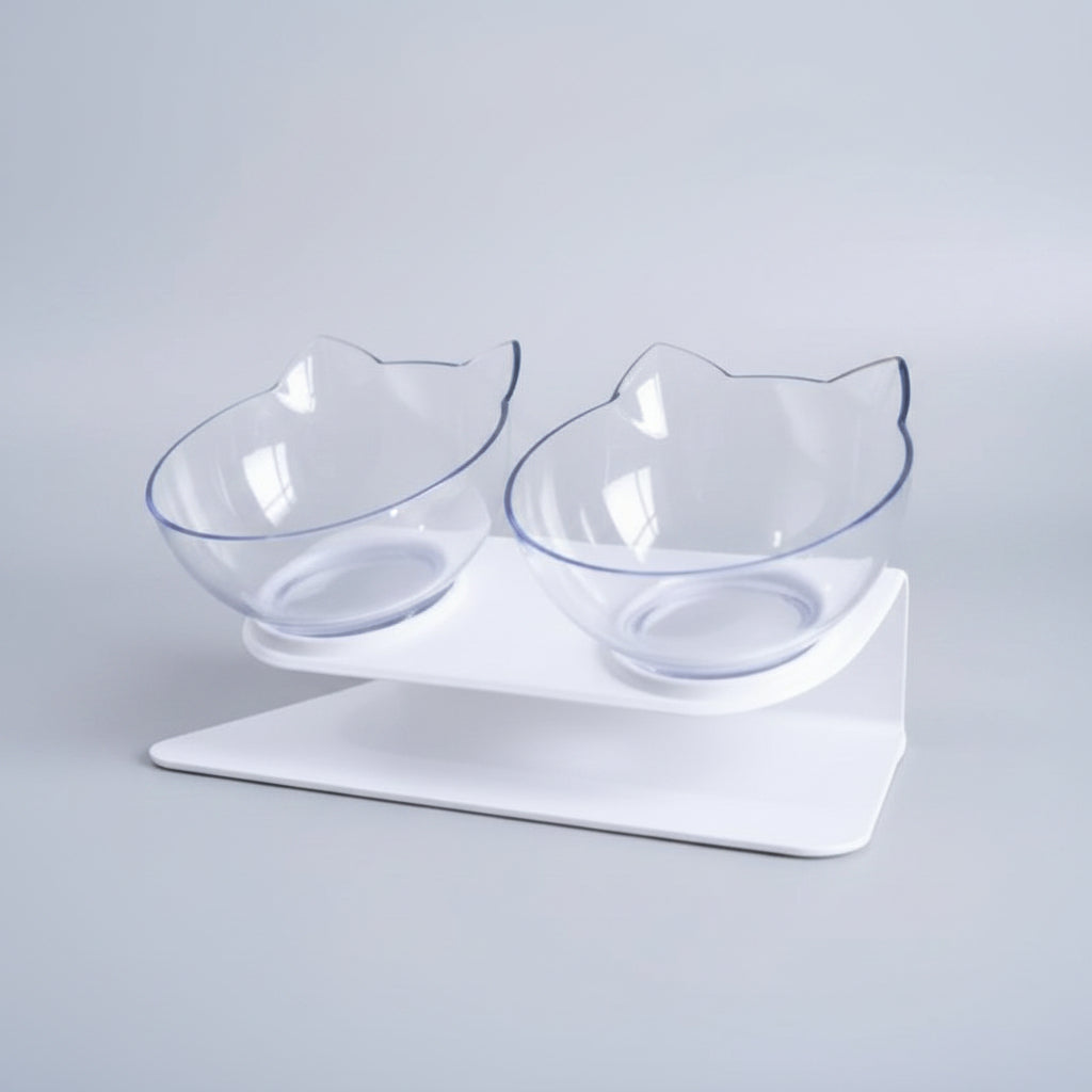 Modern raised dual cat food & water bowls. Elevated pet feeder aids digestion & prevents vomiting, protecting cat's neck.
