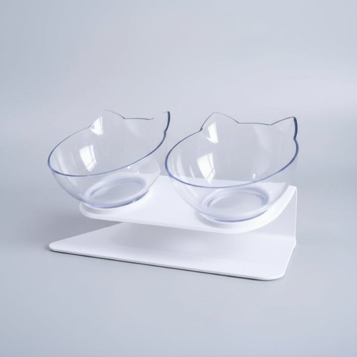 Modern raised dual cat food & water bowls. Elevated pet feeder aids digestion & prevents vomiting, protecting cat's neck.