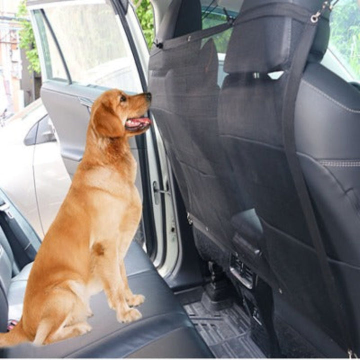 Dog car seat barrier & pet travel divider for safe auto trips. Keeps pets secure in the backseat, preventing driver distraction.