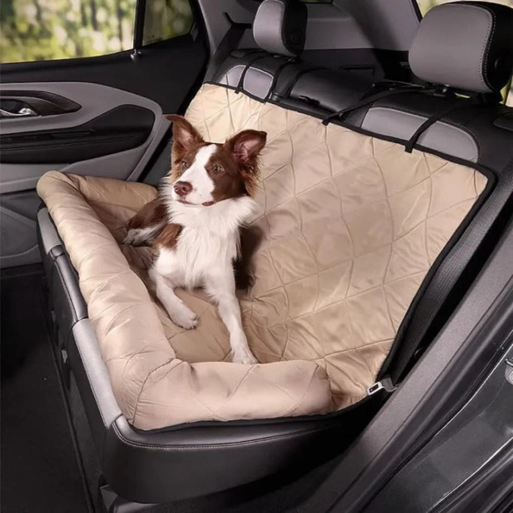 Foldable dog car seat bed for safe pet travel. Unisex design with padded comfort, doubles as a car protector.