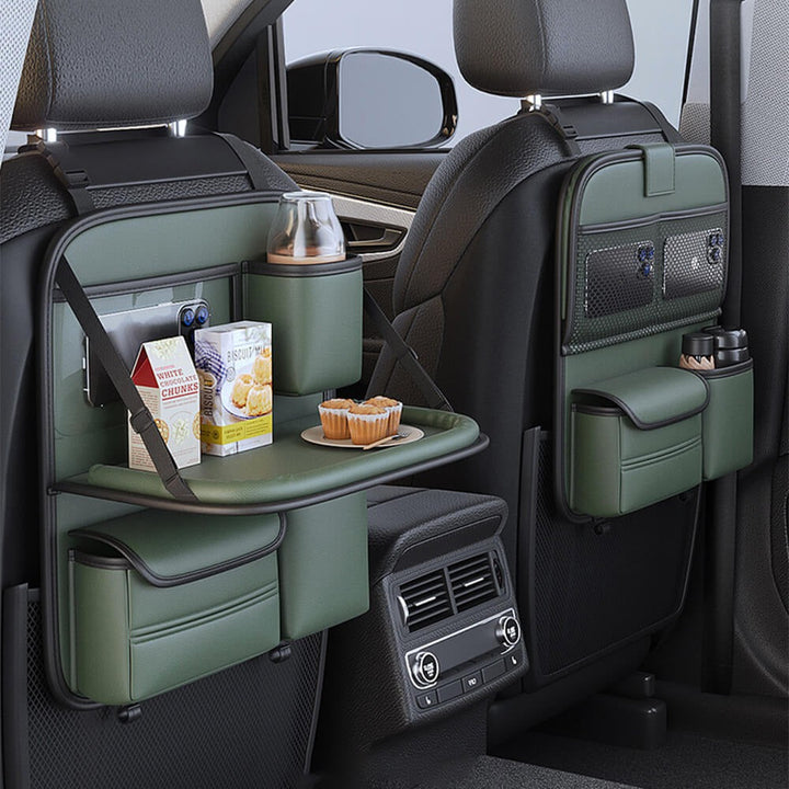 Car back-seat organizer with multiple pockets, tablet holder, & foldable tray table for convenience.