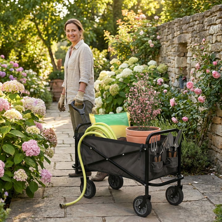 Foldable utility wagon in action, collapsing for easy transport & storage. Perfect for beach trips or sports equipment.