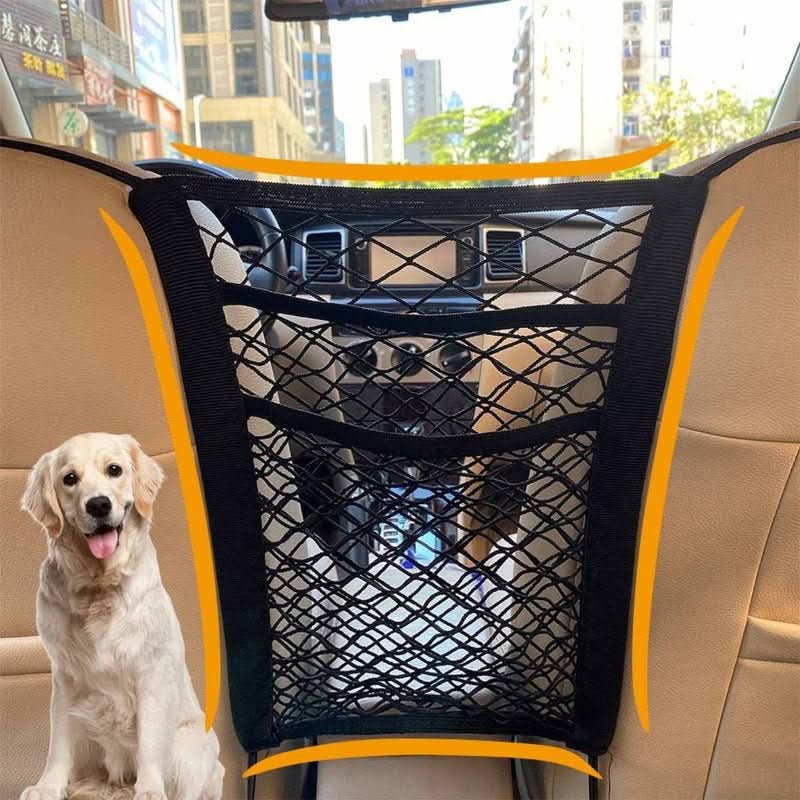 Dog car safety barrier net, black nylon, protects pets & driver, secures back seat area during travel.