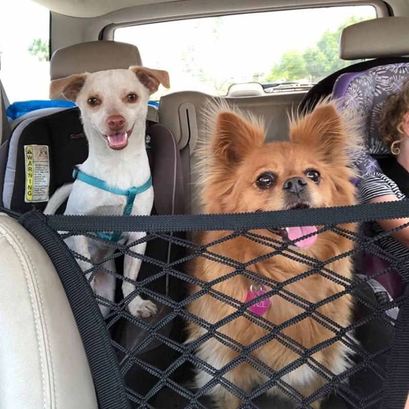 Pet car safety barrier net with storage pockets, keeps dogs safe in vehicle, prevents distraction while driving.