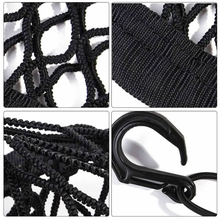 Secure pet car barrier net, durable nylon, prevents dogs from front seat, includes storage for pet essentials.