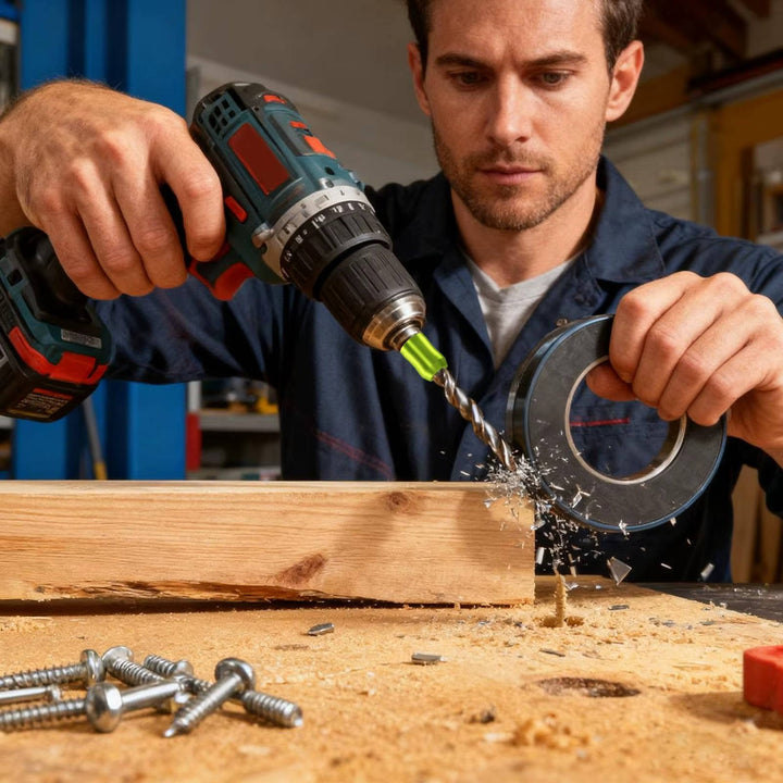 Adjustable magnetic bit holder 2-pack for drills. Dual grip secures screws, enhancing power tool fastening.