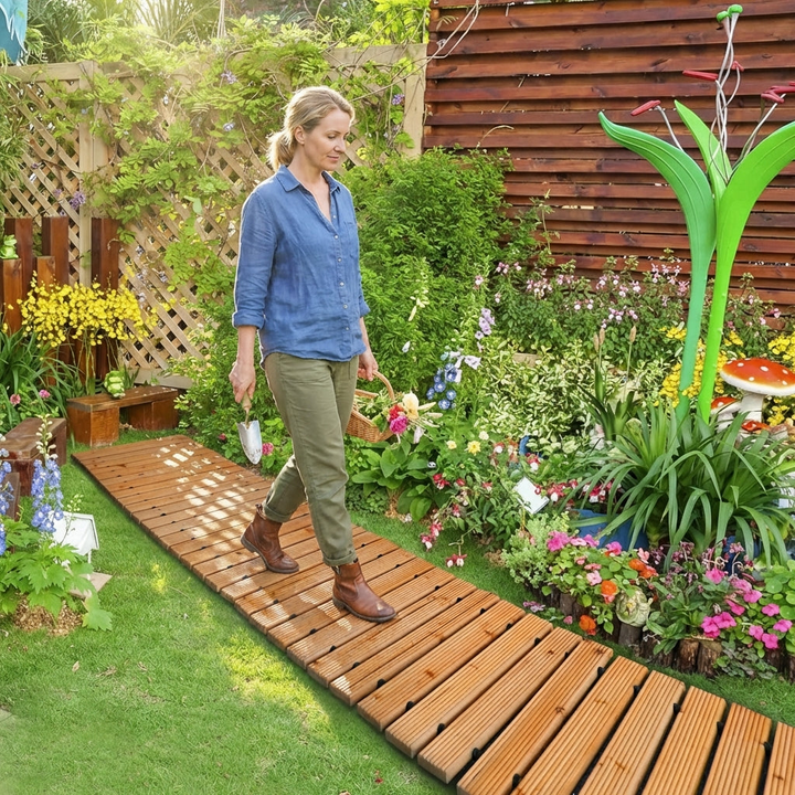 Cedar wooden path, a durable roll-out ground cover for gardens, patios, and outdoor spaces.