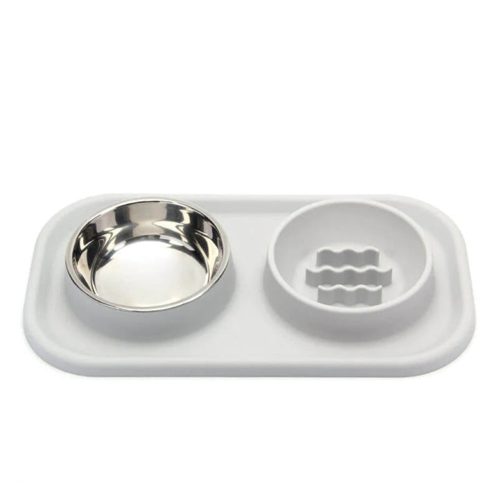 Complete pet feeding solution: dual slow feeder dog & cat bowl with water, non-slip design for healthy digestion.