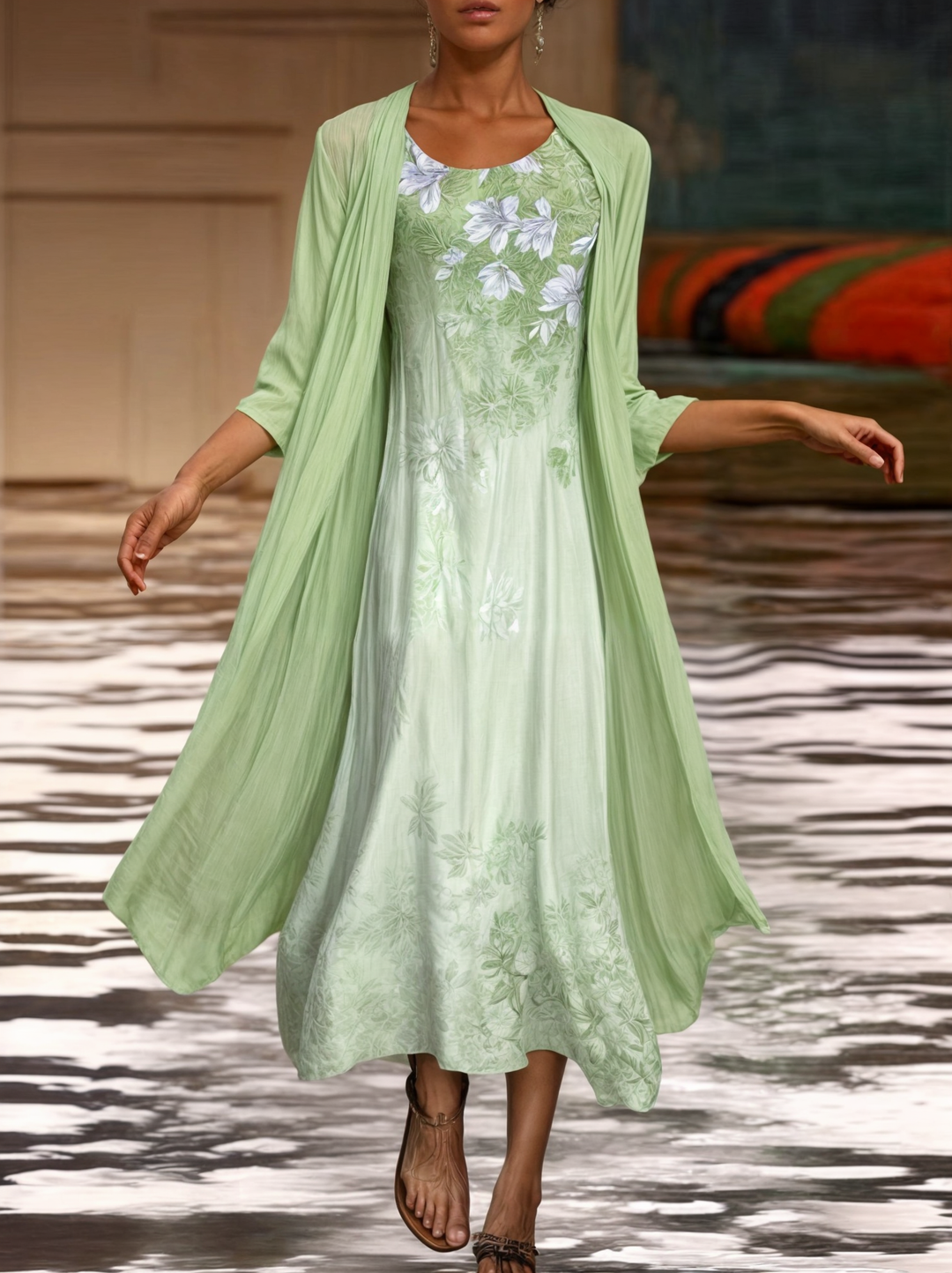 Elegant floral A-line dress, women's short sleeves, round neck, perfect for a sophisticated summer look.