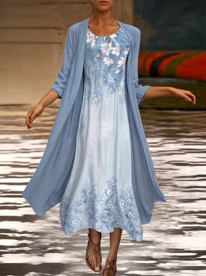 Elegant short sleeve A-line dress, women's floral pattern, comfortable & stylish for summer.