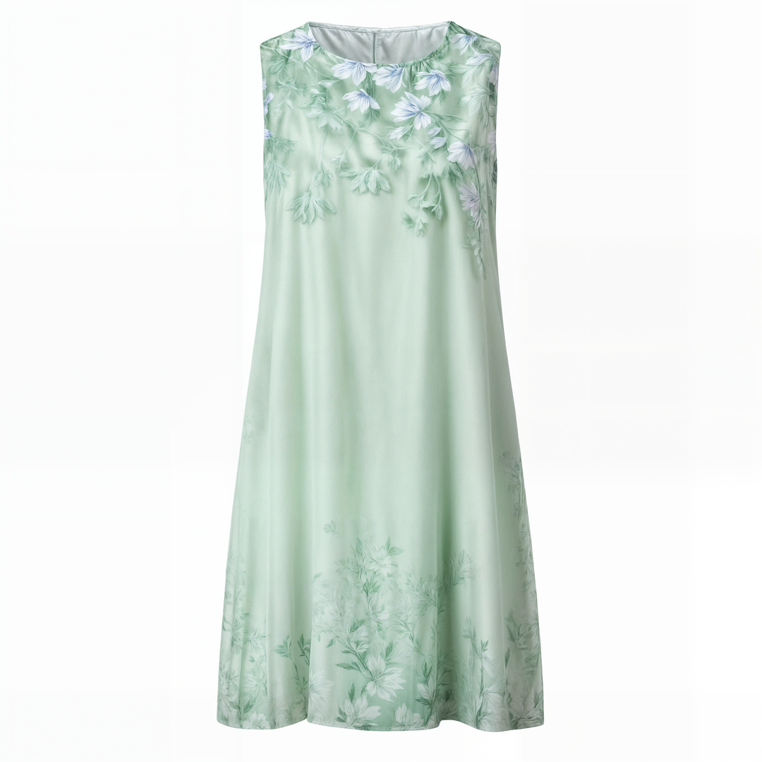 Feminine round neck floral A-line dress, women's short sleeve, ideal for warm weather style.