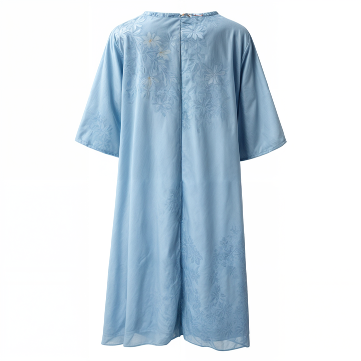 Women's knee-length floral A-line dress with round neck & short sleeves, versatile summer style.