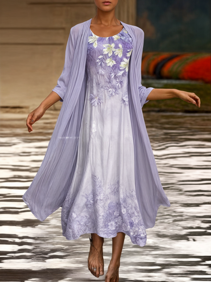 Versatile women's floral A-line dress, short sleeves, easy-to-wear for summer day or night.