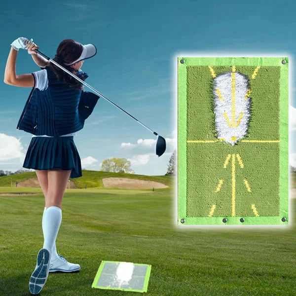 "Durable golf training mat showing swing path divots, ideal for indoor/outdoor use with robust tear-resistant material."