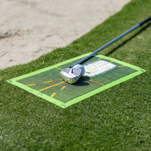 "Durable golf training mat showing swing path divots, ideal for indoor/outdoor use with robust tear-resistant material."