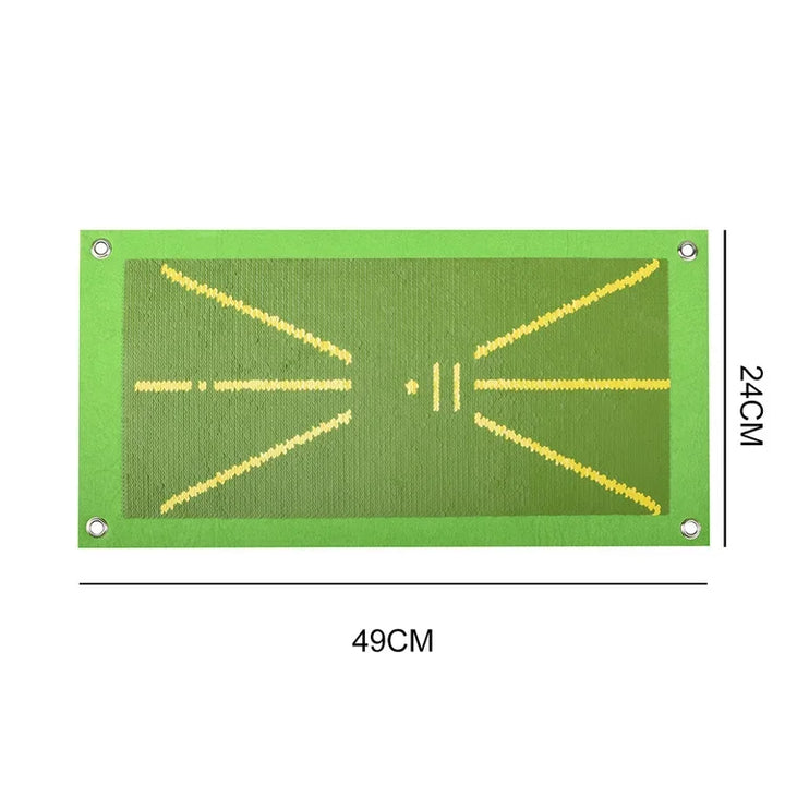 "Durable golf training mat showing swing path divots, ideal for indoor/outdoor use with robust tear-resistant material."