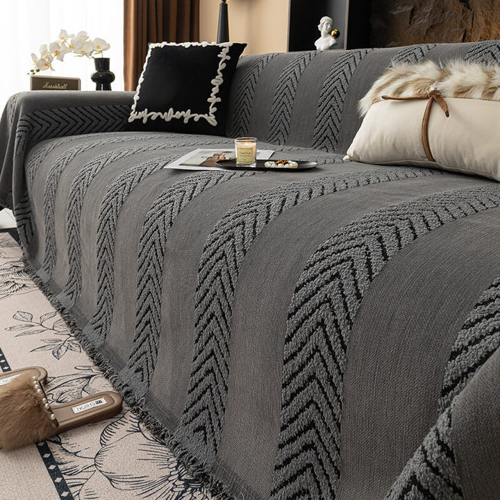 Heavy-duty herringbone chenille sofa protector. Durable, pet friendly, and stylish for any living room.