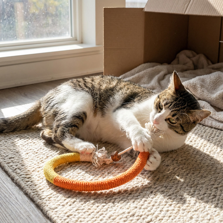 Durable woven rope chew toy for cats & kittens. Interactive pet enrichment and entertainment, perfect for indoor play.