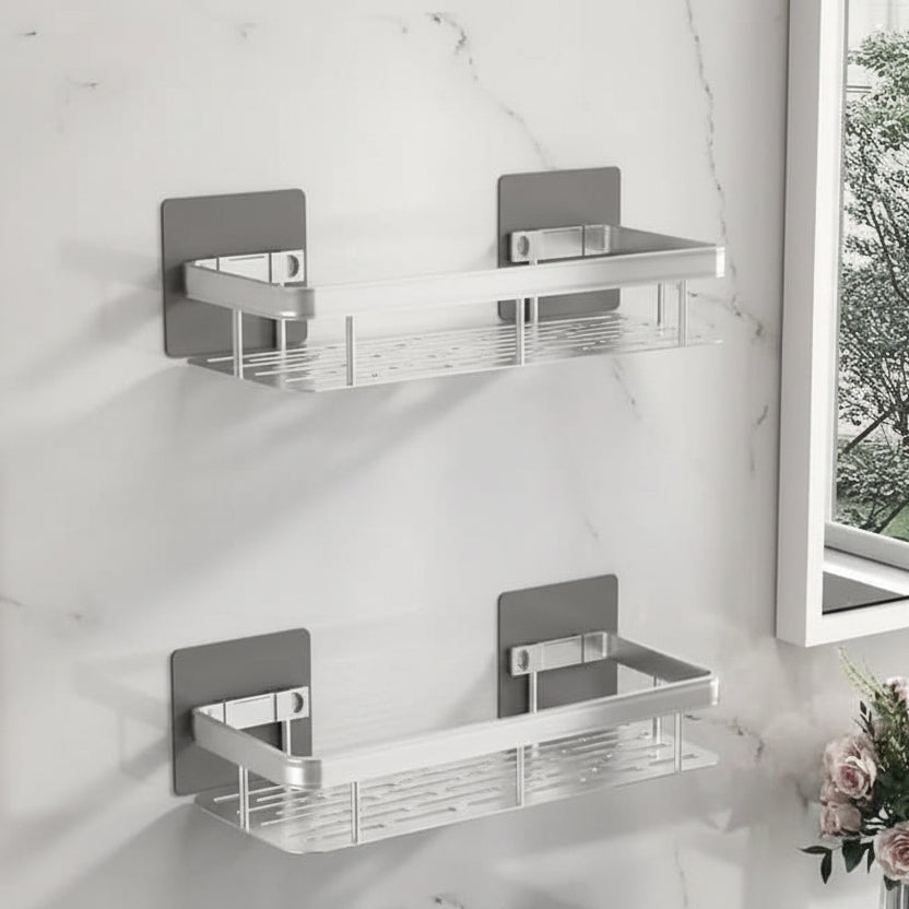 Secure drill-free adhesive bathroom shelf for neat storage. Modern design & easy installation.