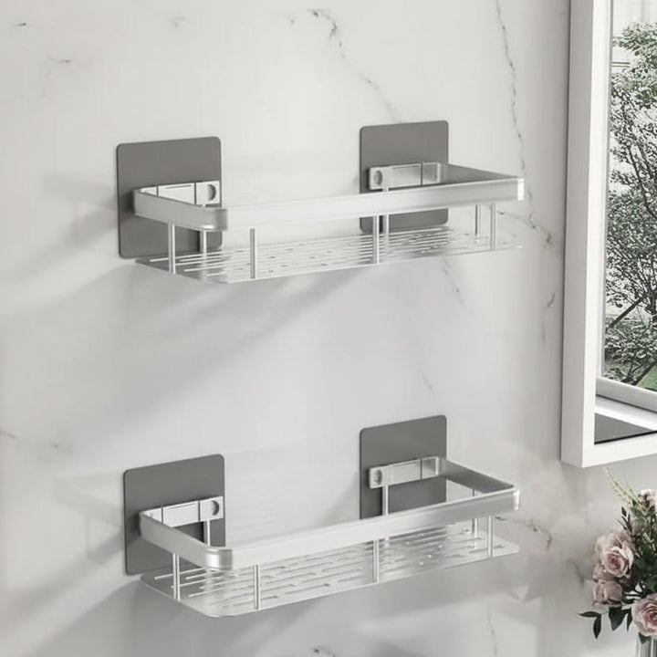 Secure drill-free adhesive bathroom shelf for neat storage. Modern design & easy installation.