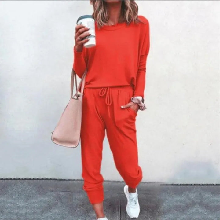 Close-up of soft women's crew neck sweatshirt, part of a matching jogger lounge set for everyday style.