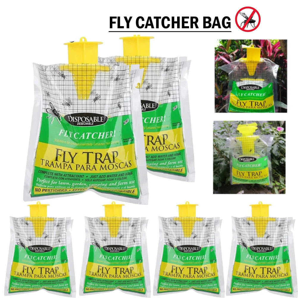 "Eco-friendly disposable outdoor fly trap with bait, hanging design, clear container fills with captured flies."