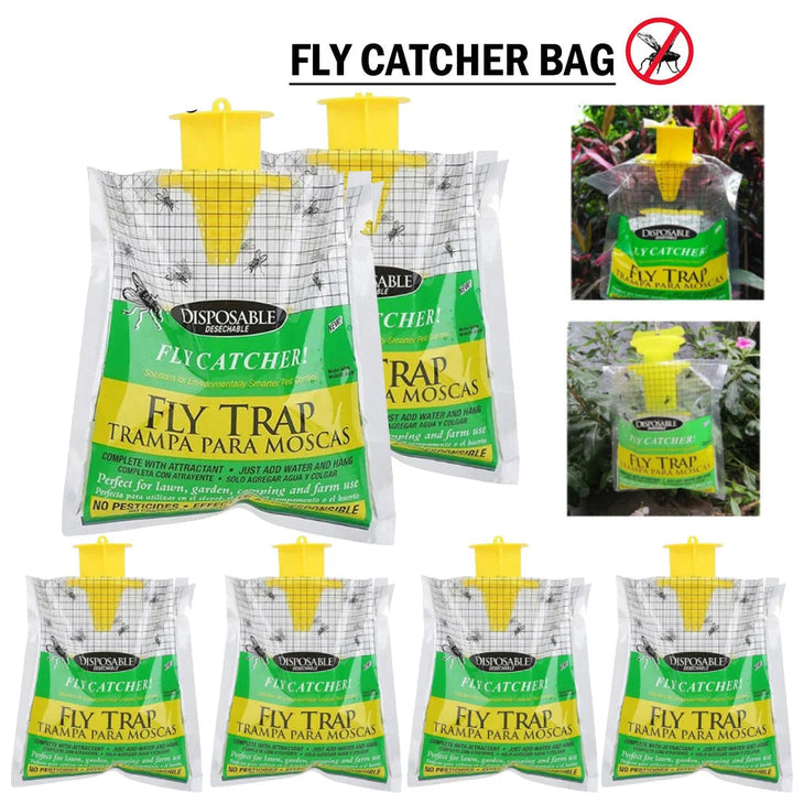 "Eco-friendly disposable outdoor fly trap with bait, hanging design, clear container fills with captured flies."