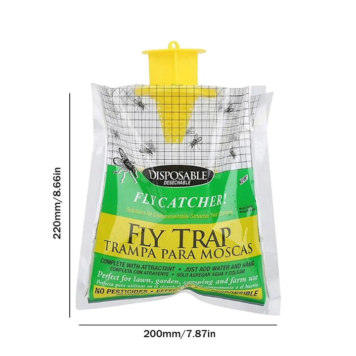 "Eco-friendly disposable outdoor fly trap with bait, hanging design, clear container fills with captured flies."
