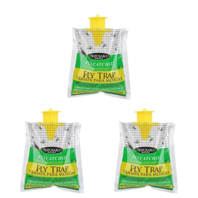 "Eco-friendly disposable outdoor fly trap with bait, hanging design, clear container fills with captured flies."