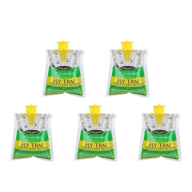 "Eco-friendly disposable outdoor fly trap with bait, hanging design, clear container fills with captured flies."
