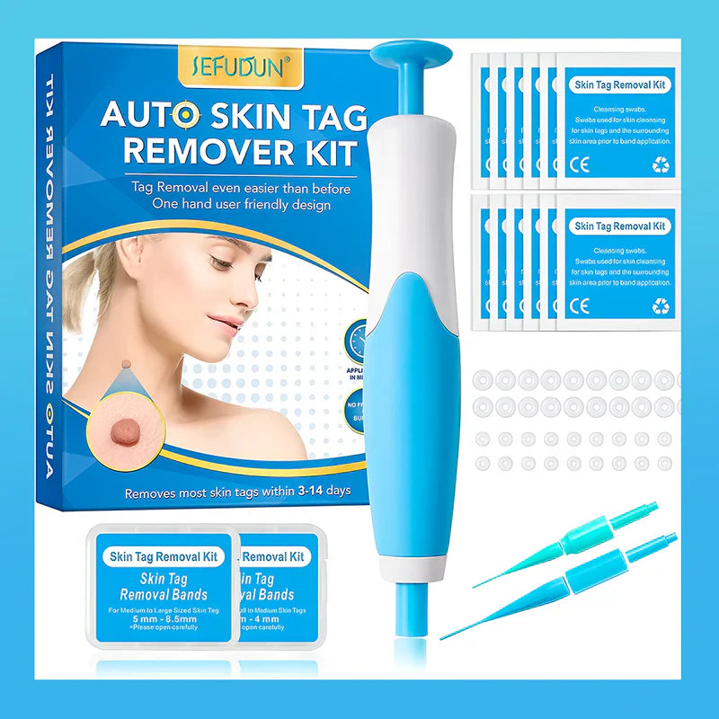 Effortless Skin Tag Remover tool with large and small springs for all skin types, shown in a sleek, compact design.