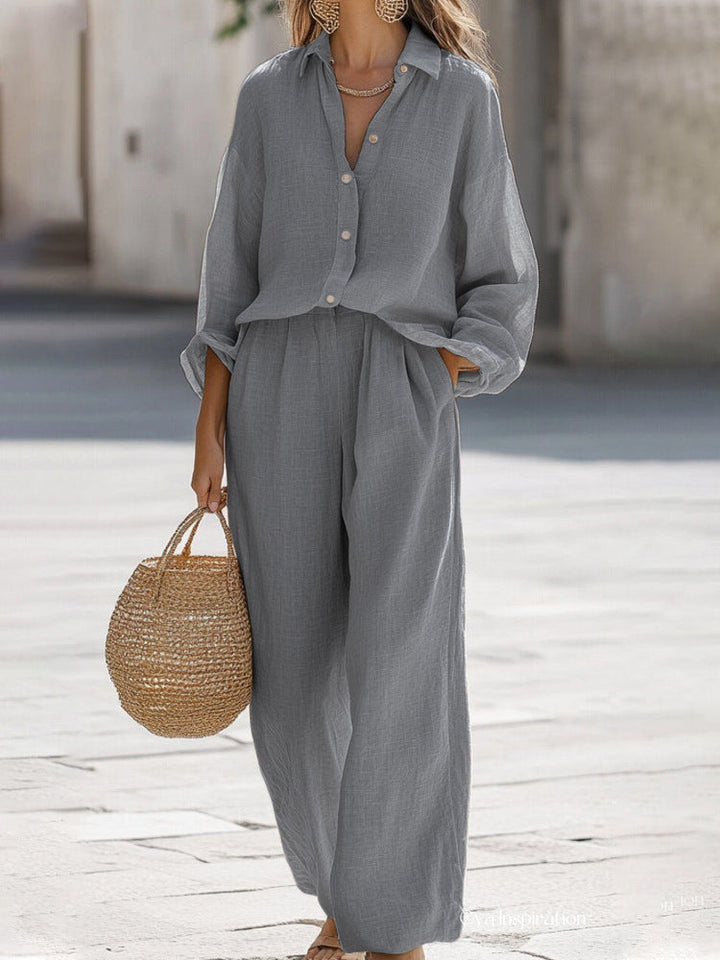 Women's vacation wear: elegant blouse & pant set. Versatile two-piece outfit for summer fashion.