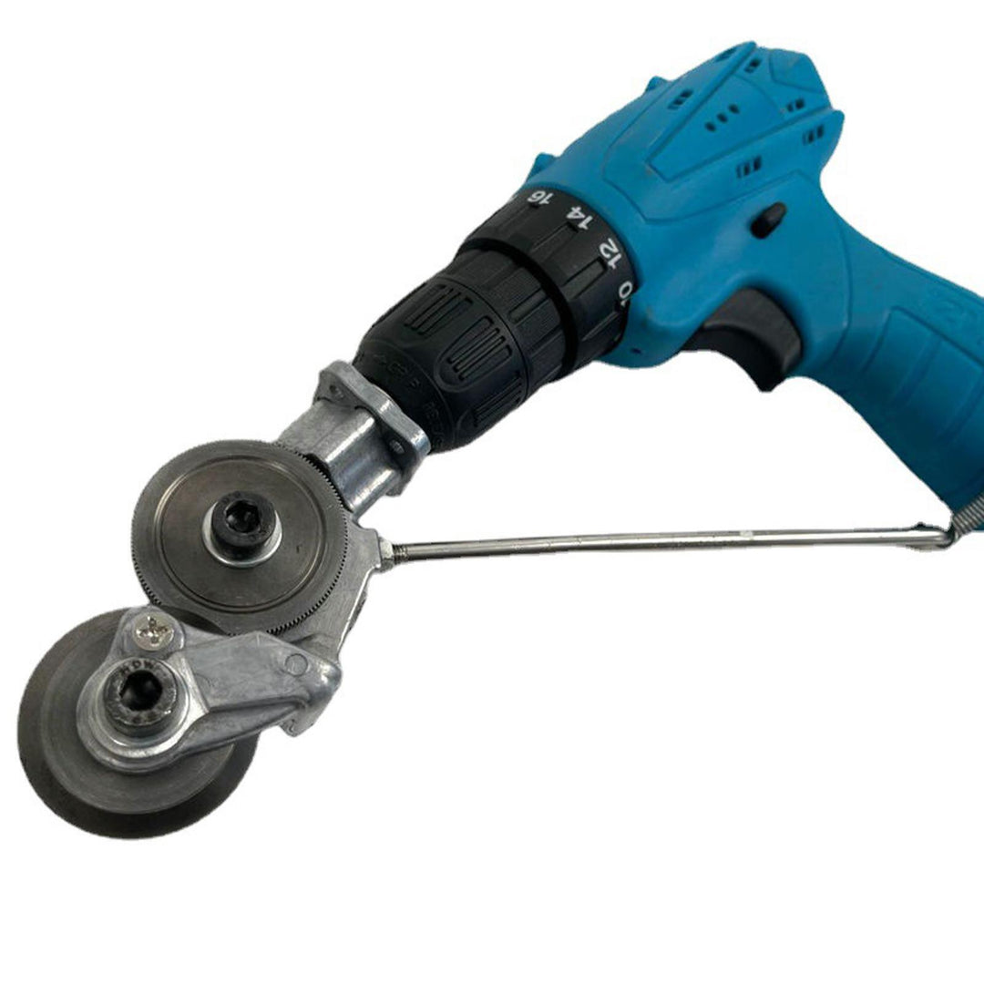 "Electric drill plate cutter for metal sheets, ergonomic design, cuts up to 3mm thick, compact and efficient tool."