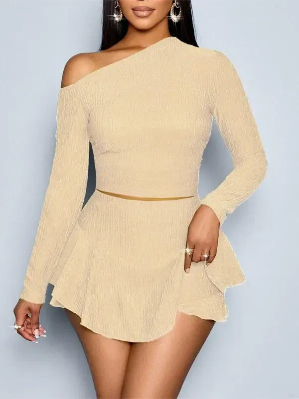 Beige one-shoulder sculpted two-piece set for women, a chic and elegant party wear option