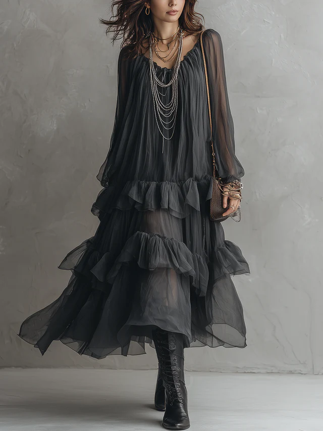 Elegant black tiered ruffle maxi dress for women, featuring a flattering V-neck, perfect for evening or special occasions.