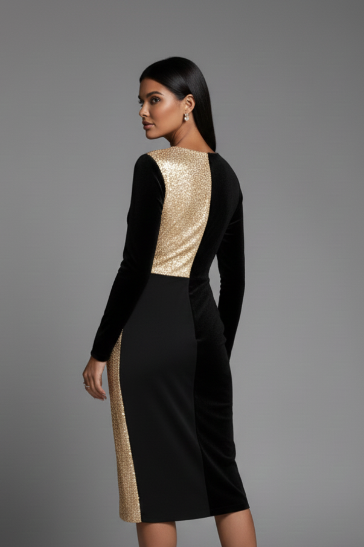 Chic black V-neck long sleeve dress with delicate textured panels. A versatile & elegant addition to any woman's wardrobe.