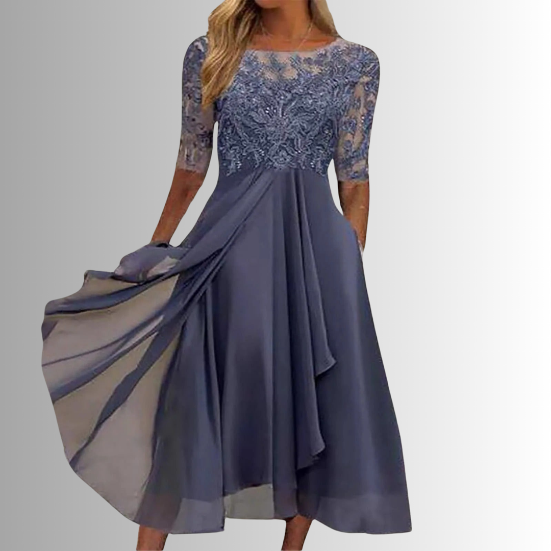 Purple floral midi dress for women. Stylish & elegant formal wear, perfect for special occasions.