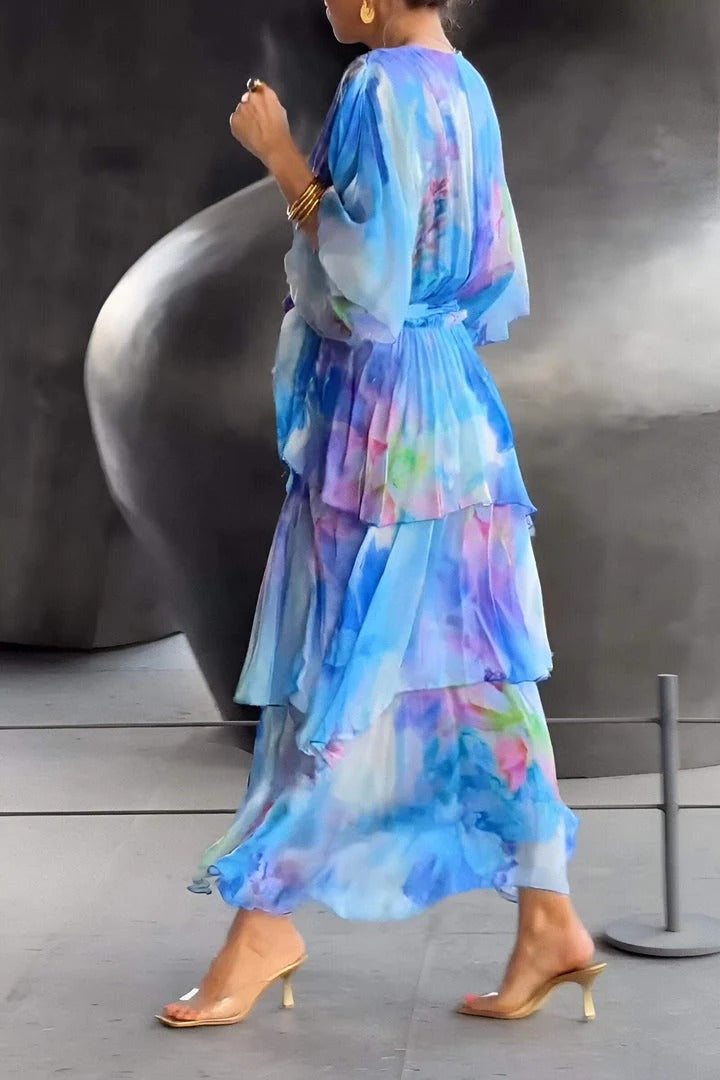 Stylish blue V-neck cocktail dress for women, with a flattering draped design, perfect for elegant semi-formal occasions.