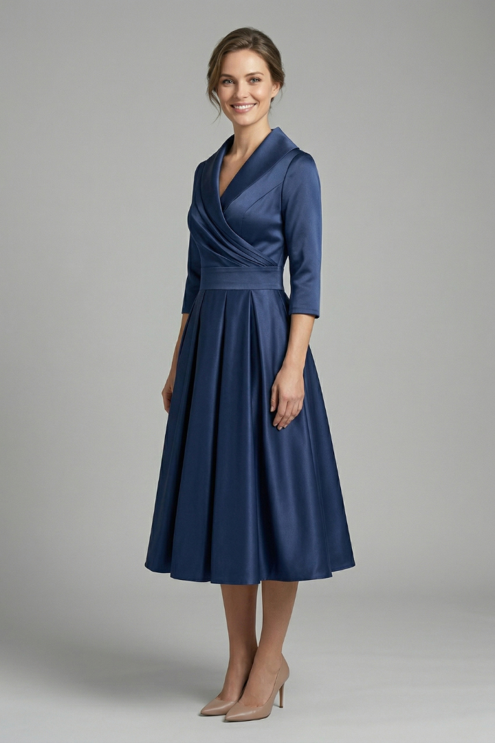 Classic black women's midi dress, comfortable with a wrap neckline & elegant pleated skirt for all seasons.