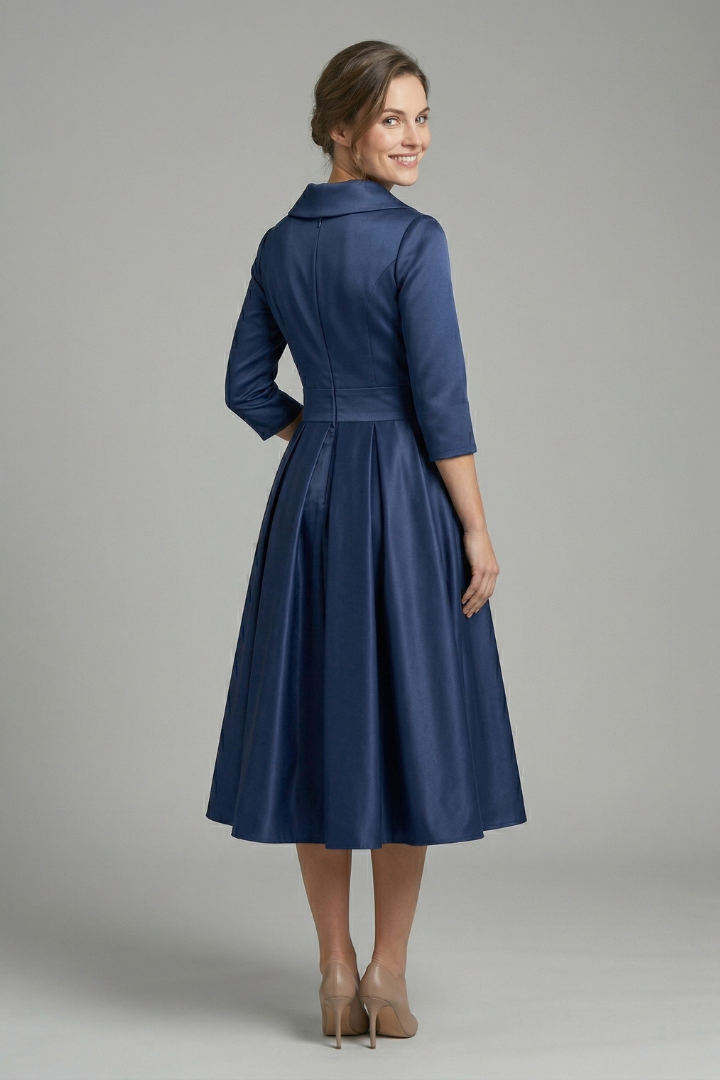 Formal women's long sleeve midi dress with an elegant wrap neck and flowing pleated skirt design.