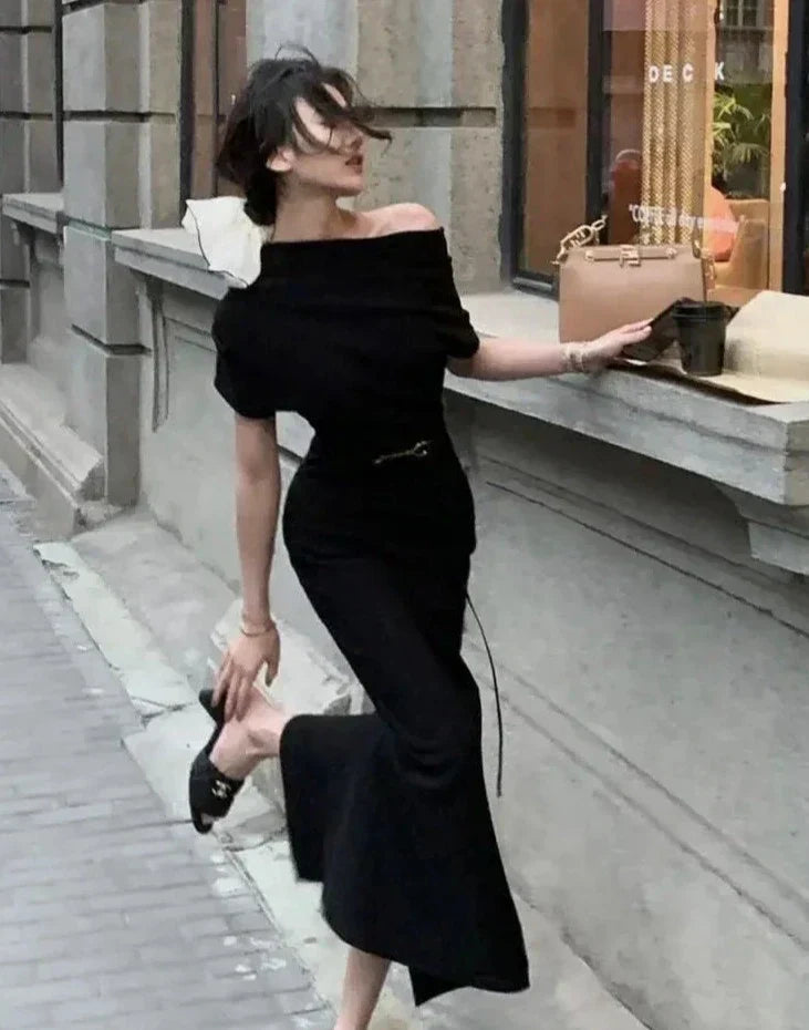 Classic women's off-shoulder bodycon maxi dress for an elegant look. Ideal for evening, cocktail, & special events.