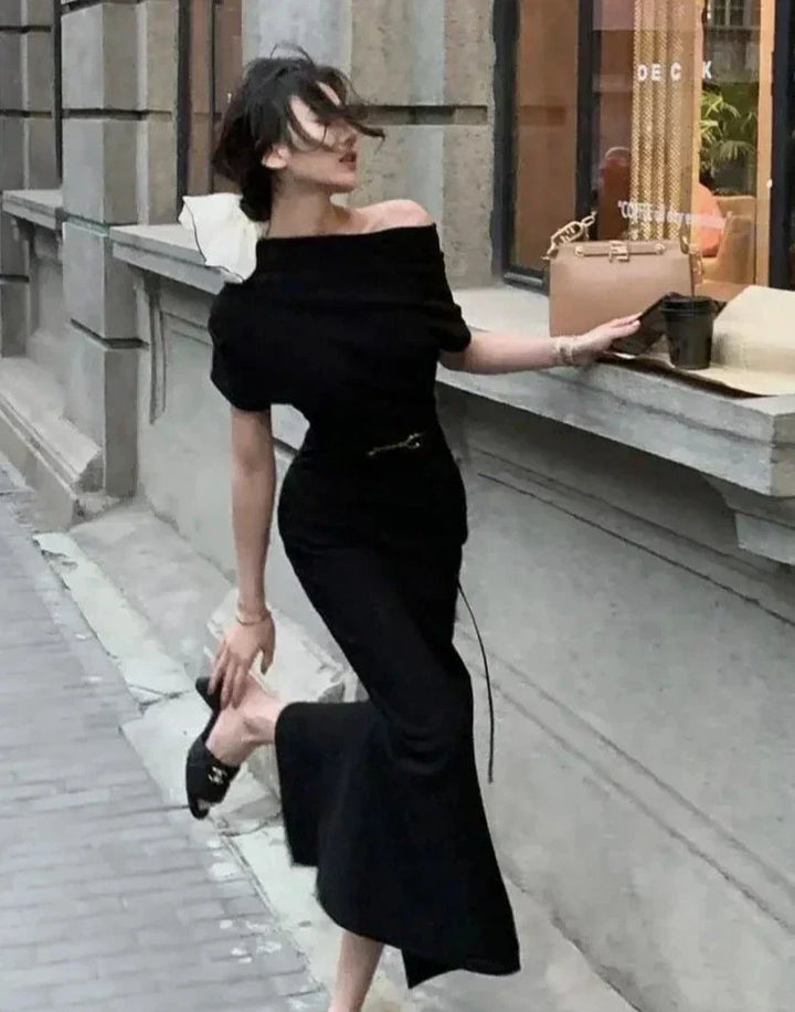 Classic women's off-shoulder bodycon maxi dress for an elegant look. Ideal for evening, cocktail, & special events.