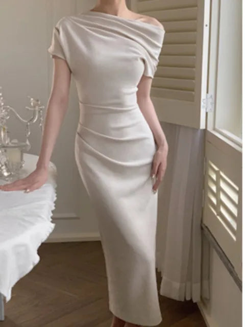 Elegant women's off-shoulder bodycon maxi dress. Perfect for evening, cocktail, or special occasion parties.