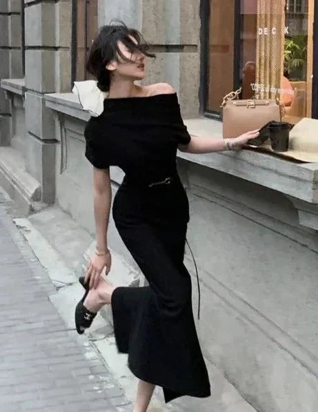 Figure-flattering women's off-shoulder bodycon maxi dress. Ideal for elegant evening, cocktail, or party wear.