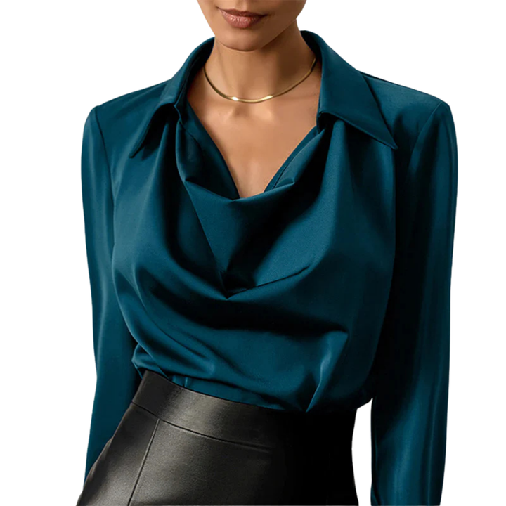 Elegant bronze satin blouse for women, draped neck, long sleeve, perfect for formal or casual wear, silky fabric.