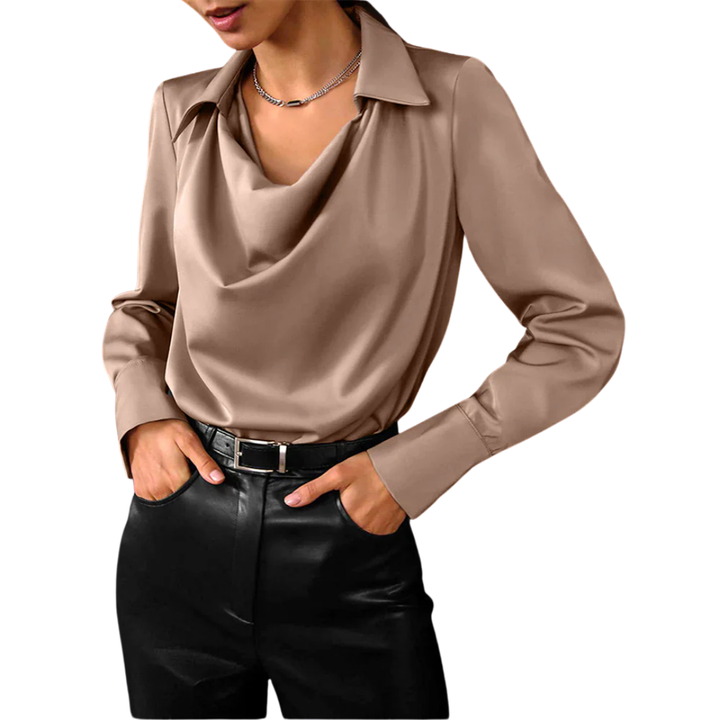 Women's blue satin drape neck blouse, long sleeve top, soft, luxurious, ideal for office or evening events.